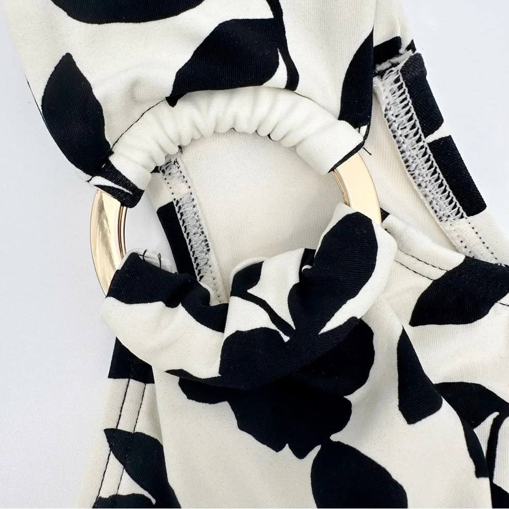 Kate Spade Geranium‎ Grove Buckle One-Shoulder Black Ivory Floral Swimsuit XS